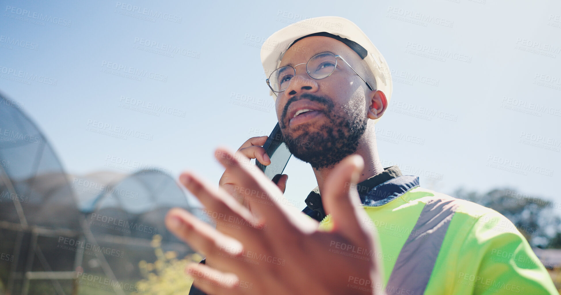 Buy stock photo Engineer, man and planning with phone call outdoor for irrigation system project, safety standard and compliance. Agricultural management, black person and update on water control issue and feedback