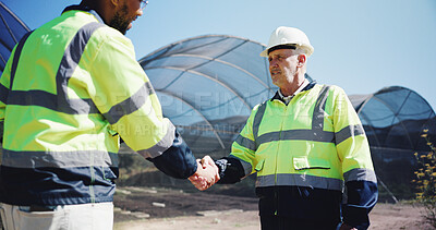 Buy stock photo Outdoor, men and business people with handshake for architecture, project development and agreement. Teamwork, client and mature contractor with shaking hands for welcome, partnership and solidarity