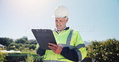Buy stock photo Outdoor, engineer and man with clipboard for construction, project development and maintenance. Smile, male person and mature architect with checklist for quality control, inspection and industrial