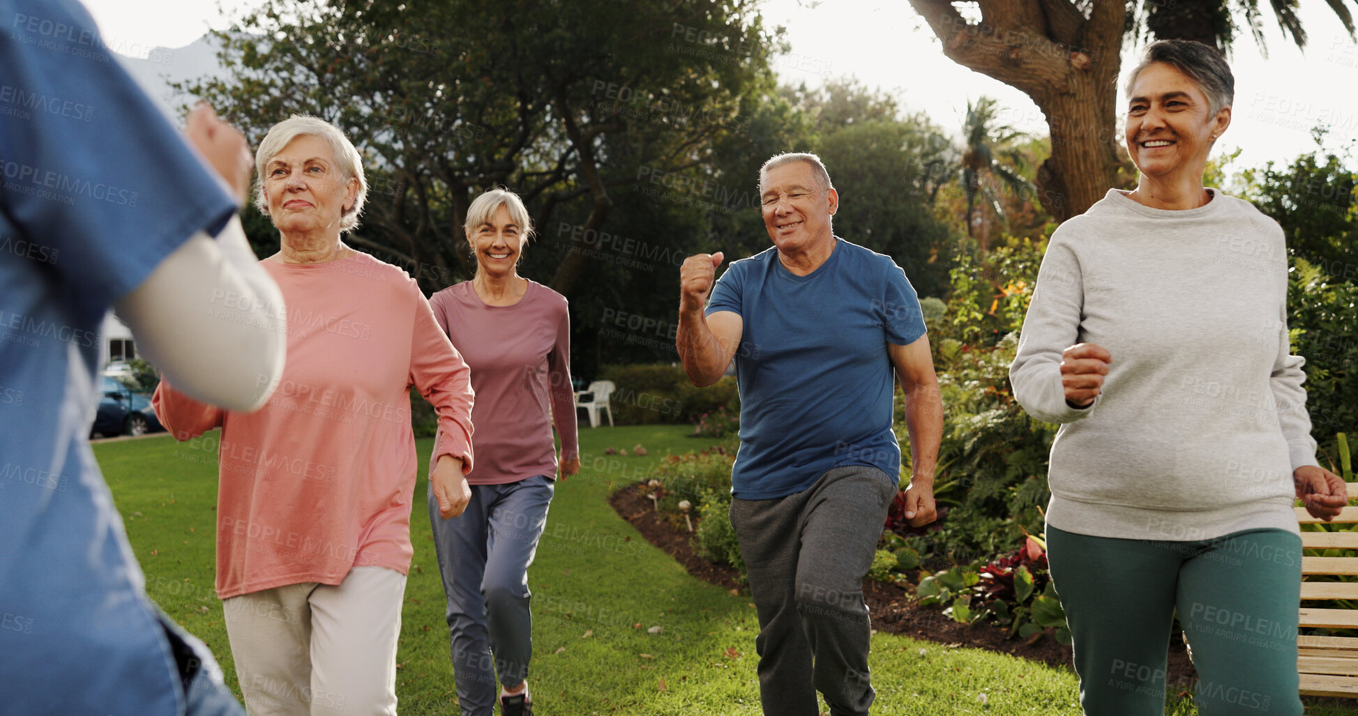Buy stock photo Senior people, fitness and group in garden at retirement village, health and exercise class in morning. Men, women and workout with diversity, excited and training with cardio in summer for wellness
