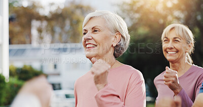 Buy stock photo Senior woman, exercise and group at retirement village, health and fitness class in morning. Elderly people, workout and smile in garden with cardio, wellness and excited for training in Germany