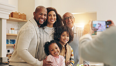 Buy stock photo Phone, family photography and home for love, generations and happiness in relationship security. Parents, children and grandfather together to capture memory on easter, camera app and social media