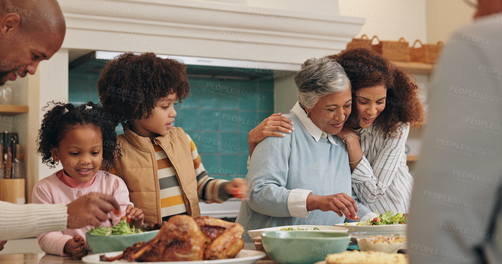 Buy stock photo Family, food and bonding with dinner in home for social gathering, celebration and reunion hug. People, parents and grandparents with kids for holiday tradition, lunch feast and connection in house