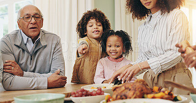 Buy stock photo Lunch, food and parents with children in home for dinner party, supper and celebration together. Christmas, Thanksgiving and excited grandpa, mom and kids for holiday, vacation and festive season