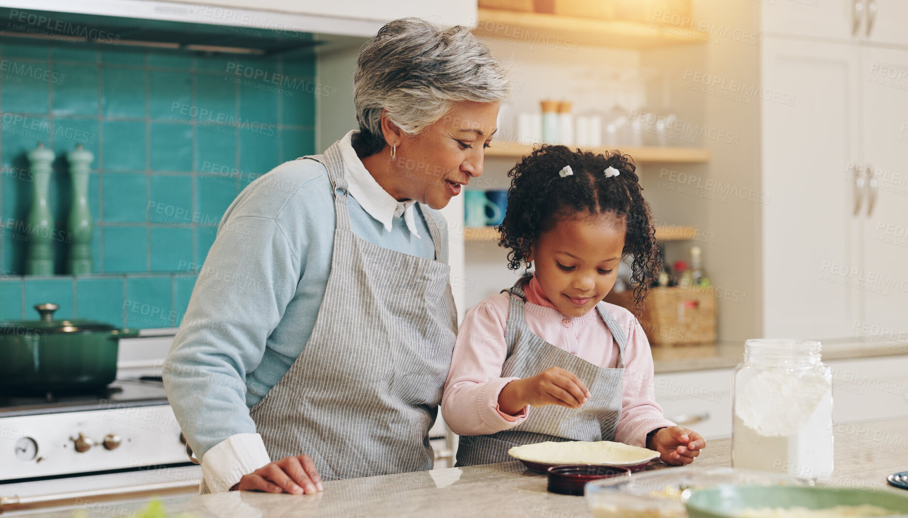 Buy stock photo Grandmother, child and flour for baking in home, teaching skills and pastry for pie in kitchen. Family, love and girl learning recipe for dessert snack, grandma and support kid with development