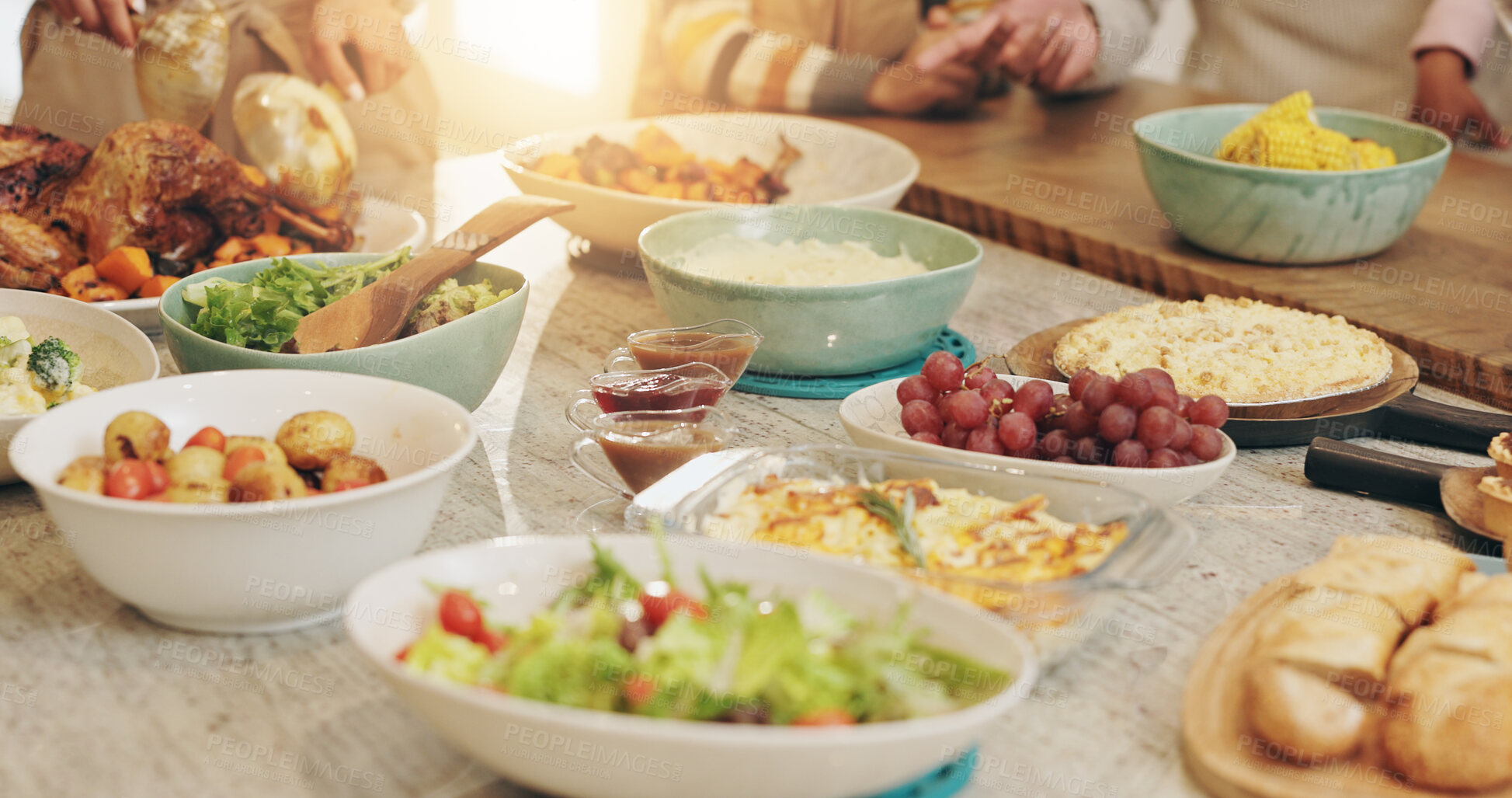 Buy stock photo Lunch, family and food on table in home for dinner party, supper and celebration together. Christmas, Thanksgiving and people with meal, dish and vegetables for holiday, vacation and festive season
