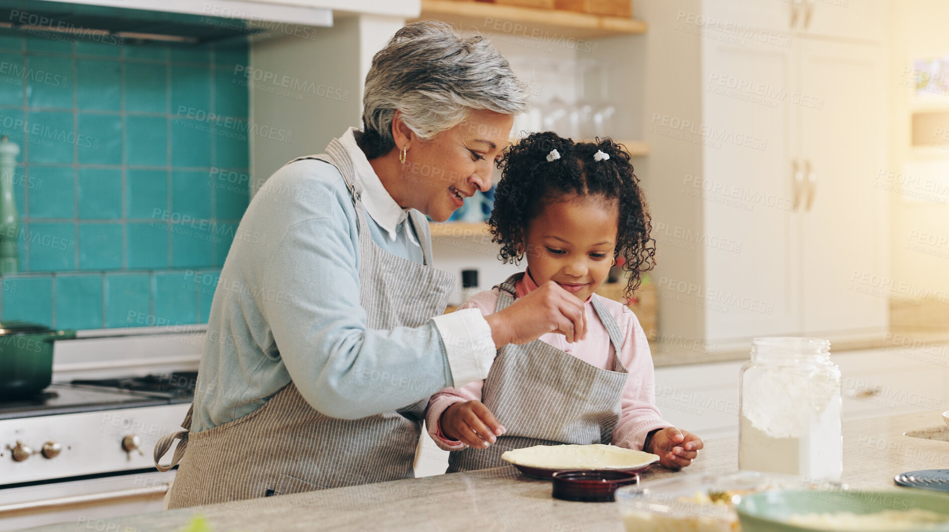 Buy stock photo Grandmother, kid and flour for baking in home, teaching skills and pastry for pie in kitchen. Family, love and girl learning recipe for dessert snack, culinary and support child with development
