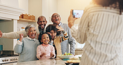 Buy stock photo Happy, family and picture in home kitchen for bonding together, reunion memory and fun relationship. People, grandparents and parents with kids for photography, social media post and weekend visit