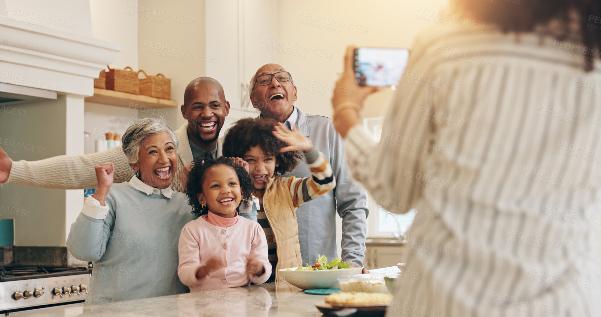 Buy stock photo Happy, family and picture in home kitchen for bonding together, reunion memory and fun relationship. People, grandparents and parents with kids for photography, social media post and weekend visit