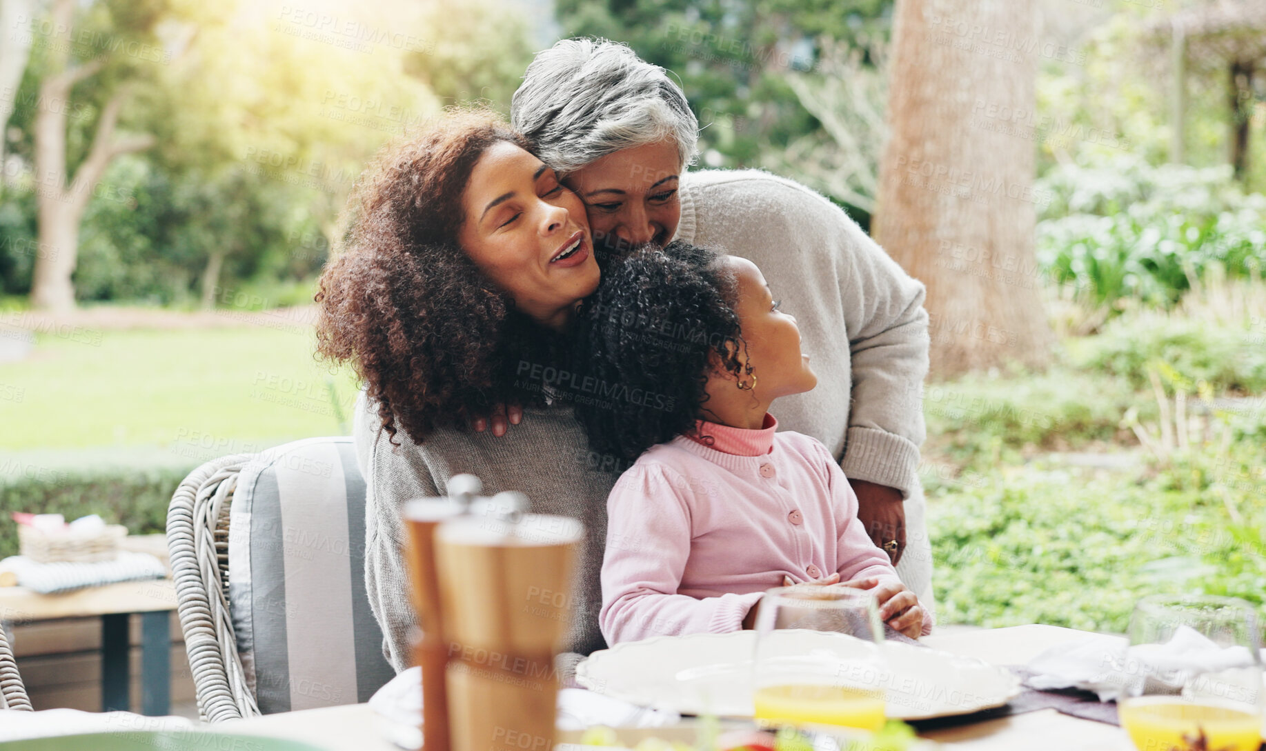 Buy stock photo Grandmother, mom and child at lunch in garden for eating, family holiday and festive season. Christmas, Thanksgiving and grandma, mother and kid at supper, dinner party and meal together in backyard