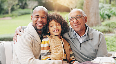 Buy stock photo Portrait of grandfather, dad and child at lunch in garden for eating, family holiday and festive season. Happy, Thanksgiving and grandpa, father and kid at supper, dinner party and meal in backyard