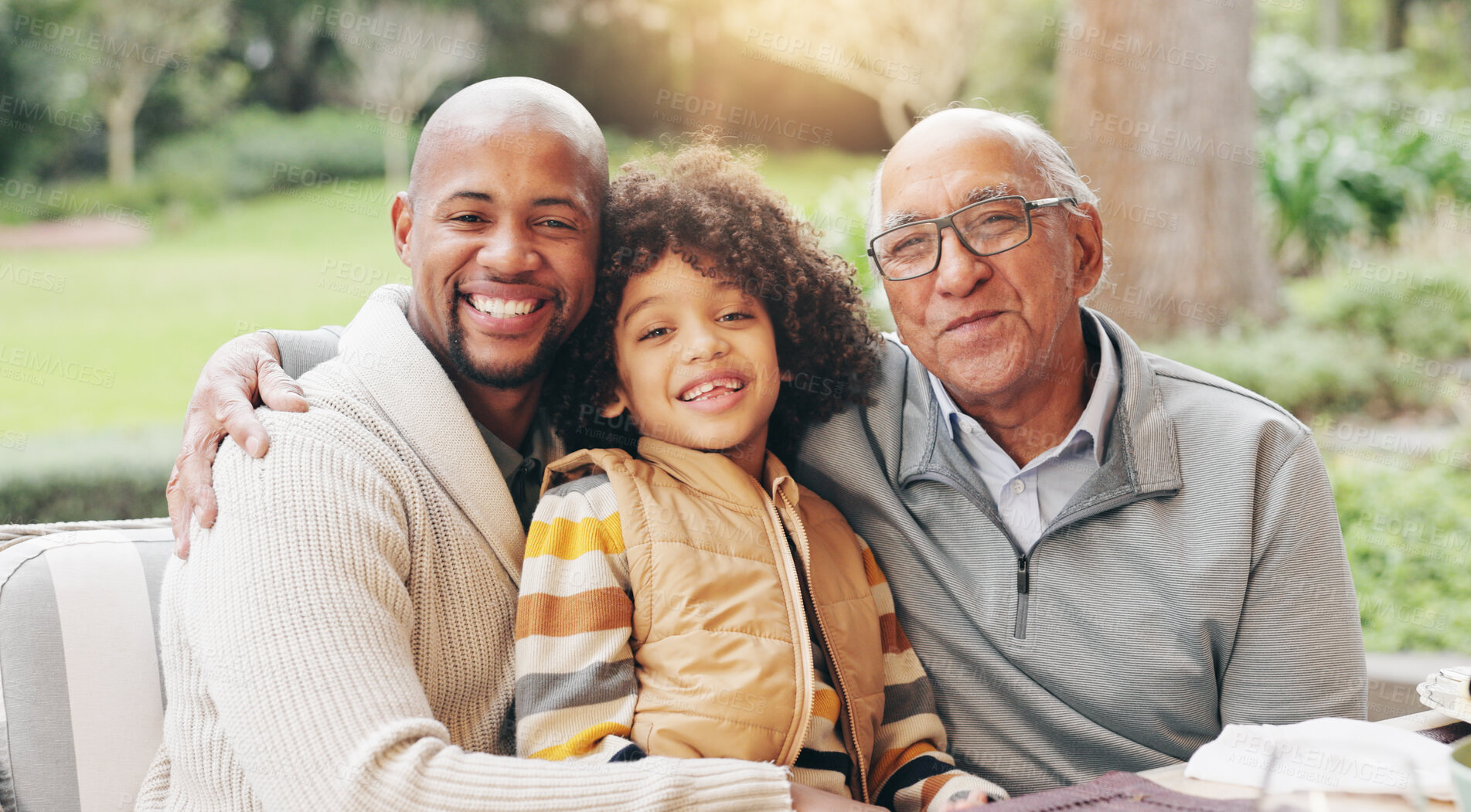 Buy stock photo Portrait of grandfather, dad and child at lunch in garden for eating, family holiday and festive season. Happy, Thanksgiving and grandpa, father and kid at supper, dinner party and meal in backyard