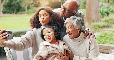 Buy stock photo Selfie, family and silly outdoor with people, love or excited for reunion memories. Grandparents, woman or child in backyard for photography, social media or generations in video call with funny face