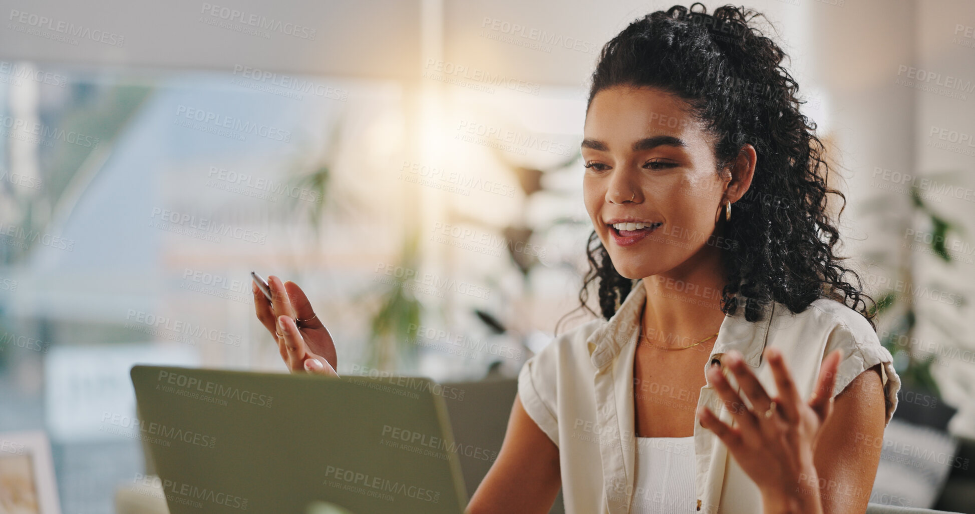 Buy stock photo Home, businesswoman and discussion with laptop for video call, article info or interview with source. Freelance, female person or journalist with tech for news story facts, credibility or remote work