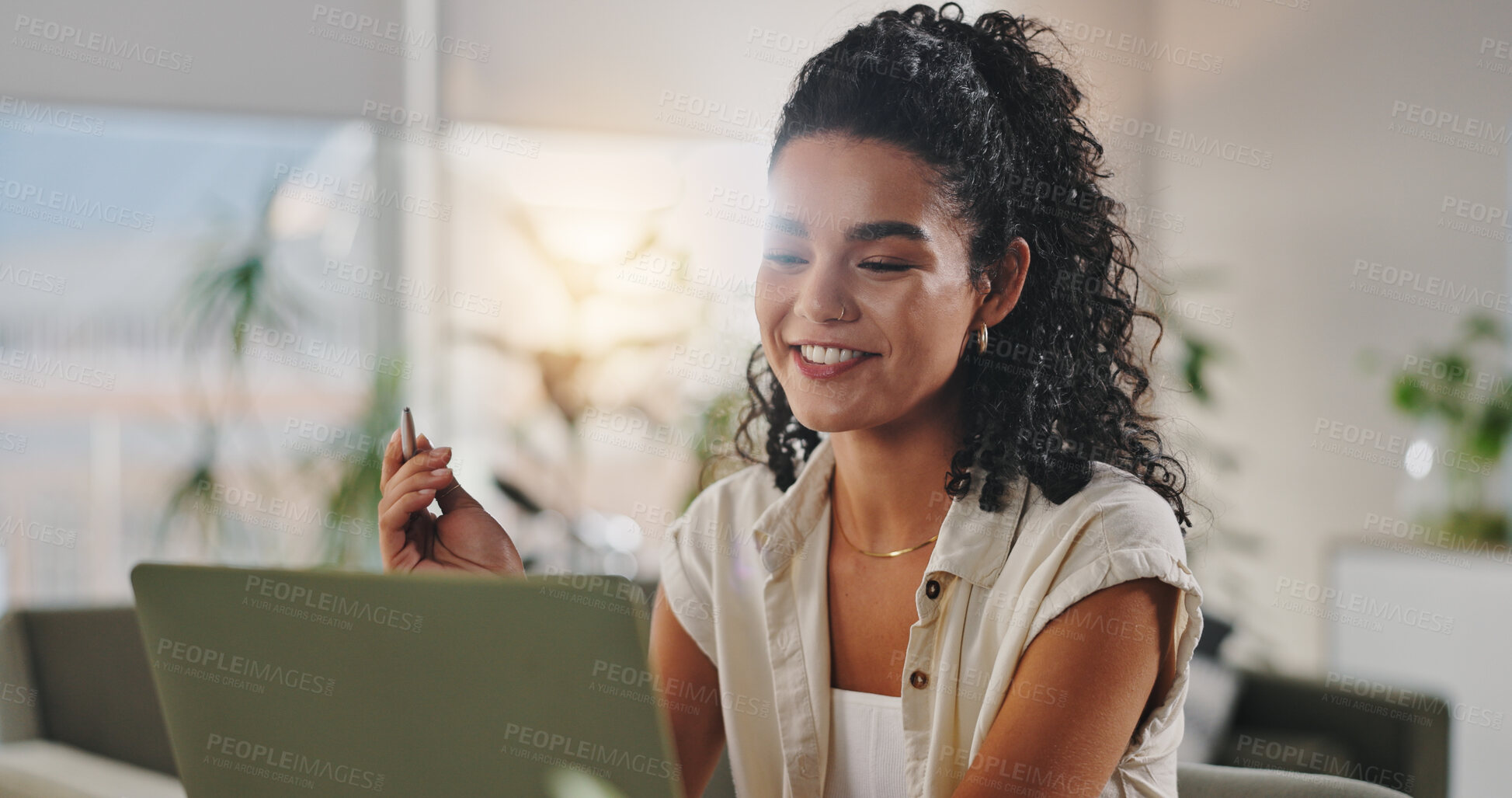 Buy stock photo Home, businesswoman and smile with laptop for video call, article info and interview with source. Freelance, female person and journalist by flare for news story facts, credibility and remote work