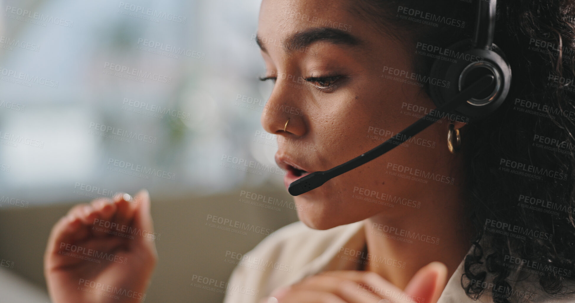 Buy stock photo Office, woman and talking with microphone for call center, customer information and consultant. Telemarketing, business and female agent with headset for feedback, sales support or service for client