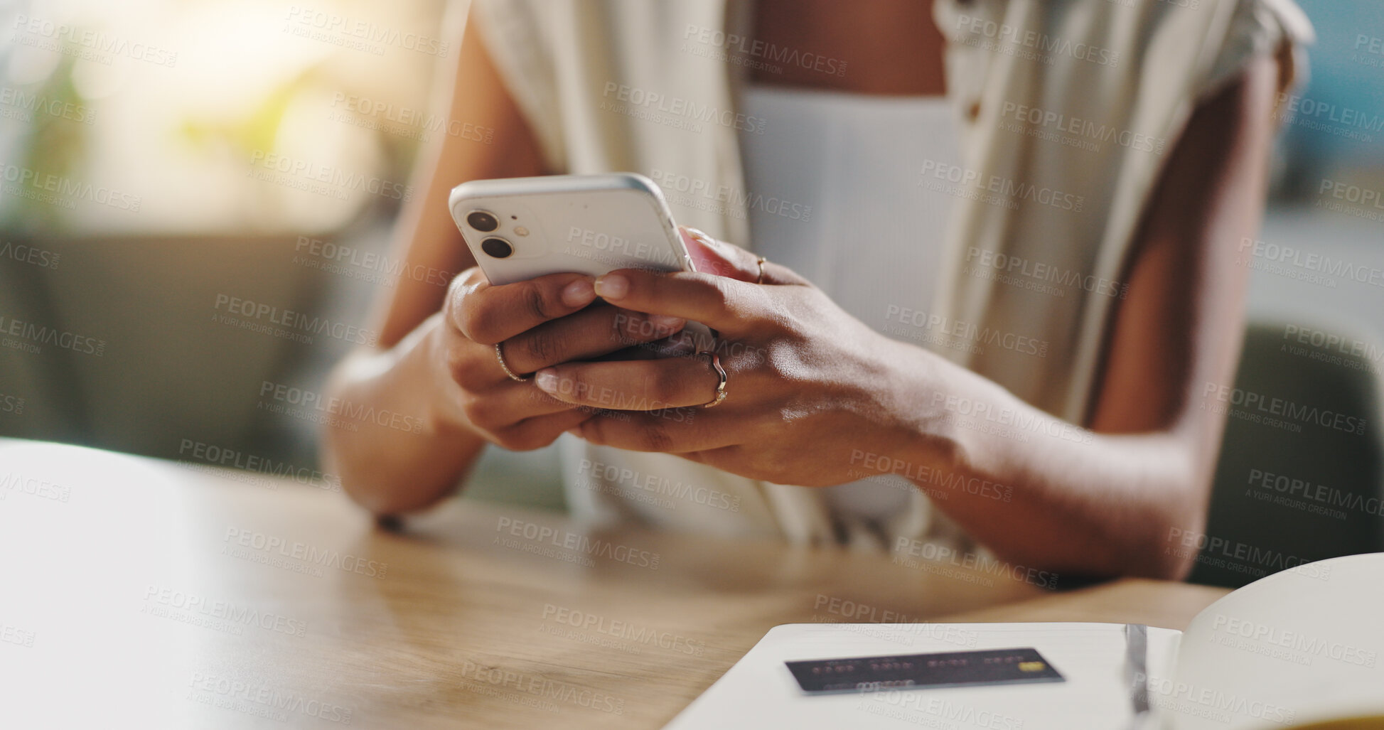 Buy stock photo Credit card, phone and hands of person in home for online shopping, internet purchase or student payment. Ecommerce, finance and girl on smartphone for application fee, scholarship or college funding