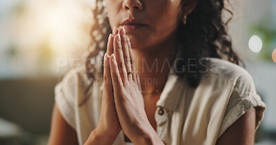 Buy stock photo Hands, praying and faith in home with religion, connection and hope for change, spiritual and reflection in morning. Person, prayer and worship with gratitude, thanks and Christianity at apartment