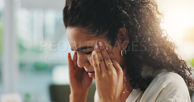 Buy stock photo Woman, stress and headache with remote work from home, overwhelmed and burnout with project deadline. Person, migraine and temple massage for pain, exhausted and brain fog with fatigue at apartment