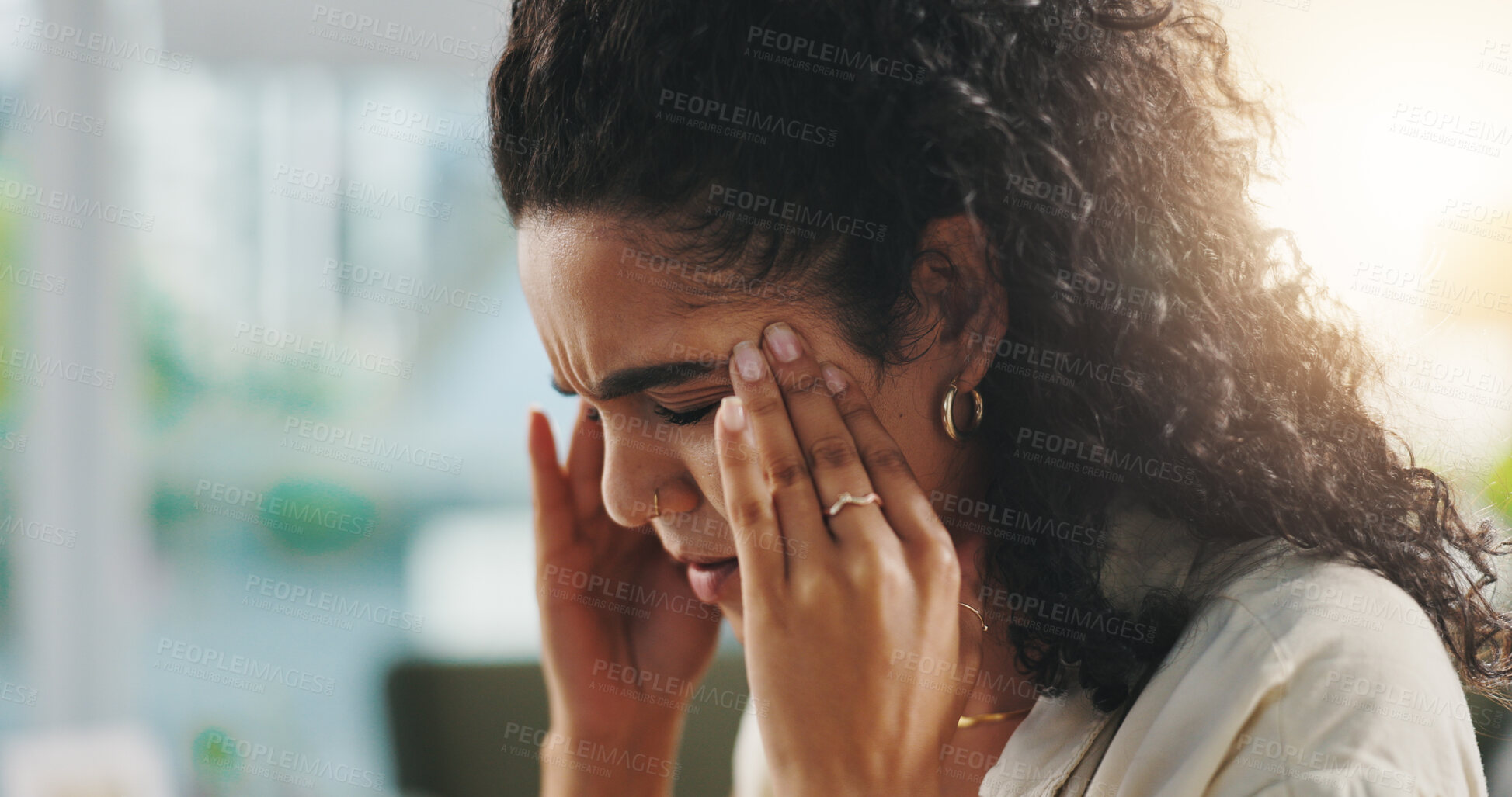Buy stock photo Woman, stress and headache with remote work from home, overwhelmed and burnout with project deadline. Person, migraine and temple massage for pain, exhausted and brain fog with fatigue at apartment