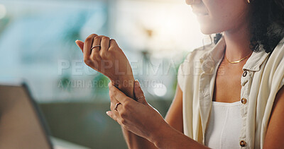 Buy stock photo Hands, wrist pain and computer with remote work from home, injury and burnout with project deadline. Person, worry and joint ache with massage for relief, arthritis or carpal tunnel at apartment