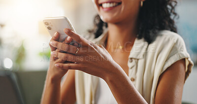 Buy stock photo Home, woman and hands with smartphone for connectivity, online communication and chat with contact. House, female person and smile with mobile for application, reel comment or message on social media