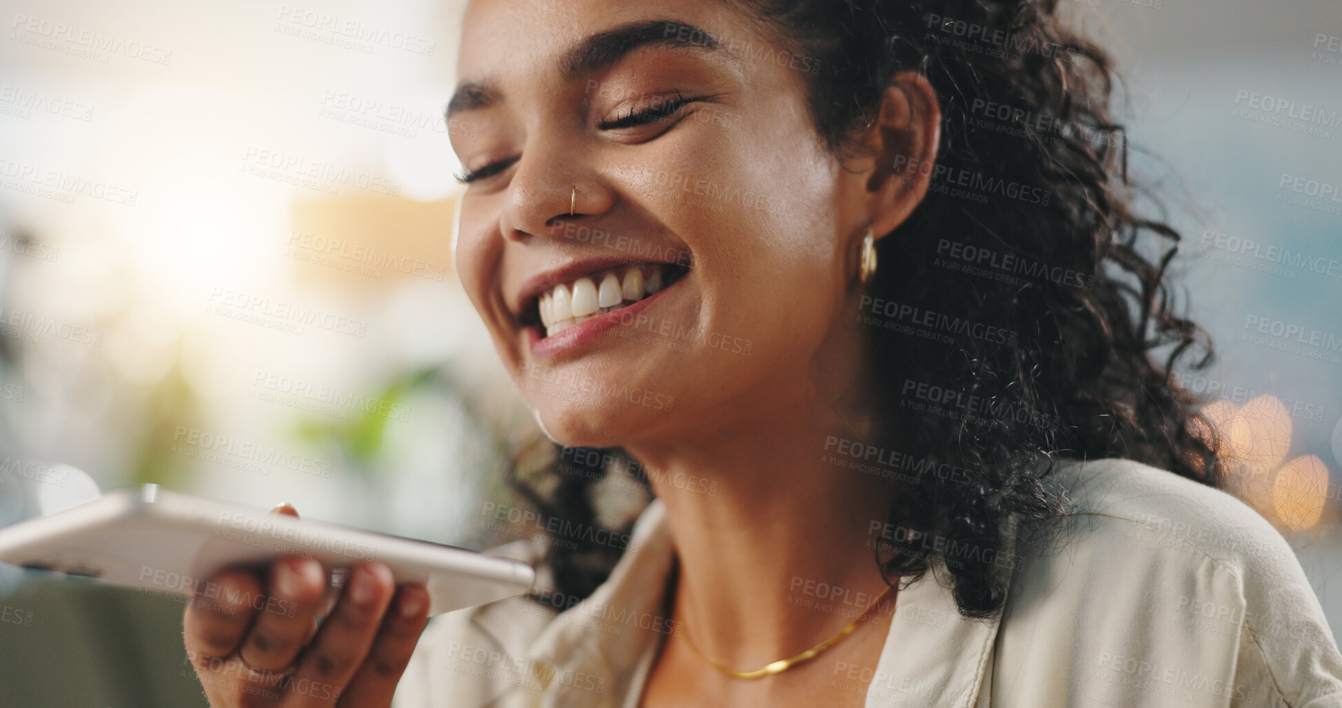 Buy stock photo Office, woman and smile with smartphone for speaker, conversation or negotiation with news source. Career, business person and journalist with mobile for app, voice note or message for article update