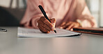 Woman, paperwork or hands writing on application for business contract, legal agreement or information. Closeup, person or policy form documents for validation, asset management or mortgage insurance
