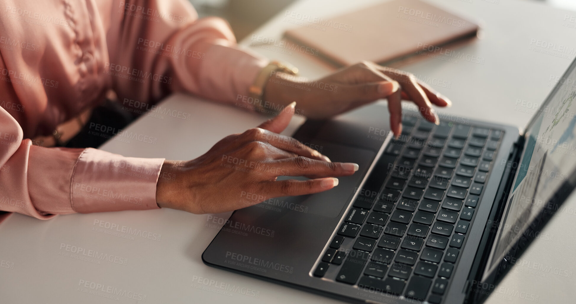 Buy stock photo Hands, review and woman in office with laptop, market research or web schedule for online project stats. Proposal, data analysis and businesswoman at desk for email, report or business intelligence