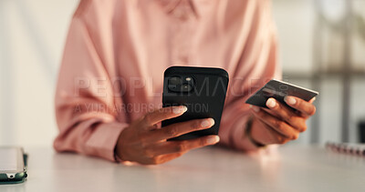 Buy stock photo Business, hands and woman with smartphone, credit card and fintech with online shopping. Person, fashion designer or entrepreneur with cellphone, payment or transaction with password or trading money