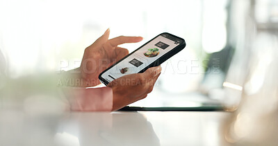 Buy stock photo Food delivery, phone screen and menu with hands of person for online shopping, dinner choice and ecommerce. Meal app, search and discount coupon with closeup of customer for order, grocery and ui