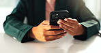 Internet, online and hands typing with phone for promo shopping, user experience or website scroll. Closeup person, technology or smartphone for reading survey post, webpage or mobile app information