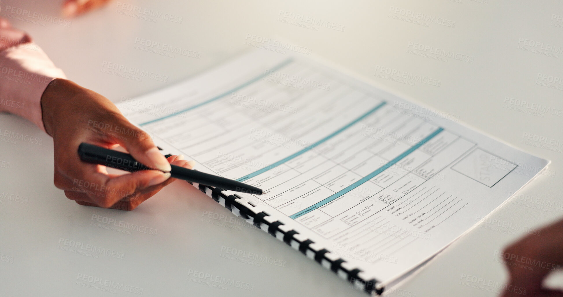 Buy stock photo Woman, hand and paperwork for signature in office, professional contract and lawyer for advice. Policy, agreement and explain terms in meeting, partnership documents and notary for helping client