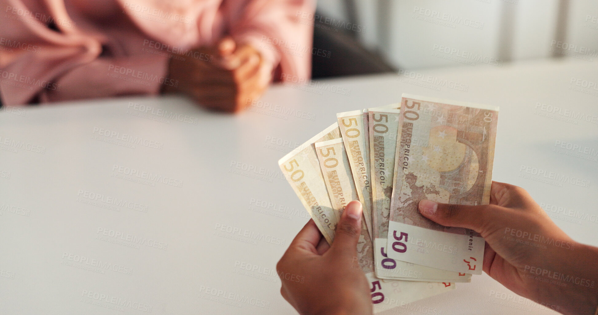 Buy stock photo Money, counting and hands of people for salary payment, company investment and funding. Business meeting, corporate and workers with cash exchange for financial service, budget and deposit in office