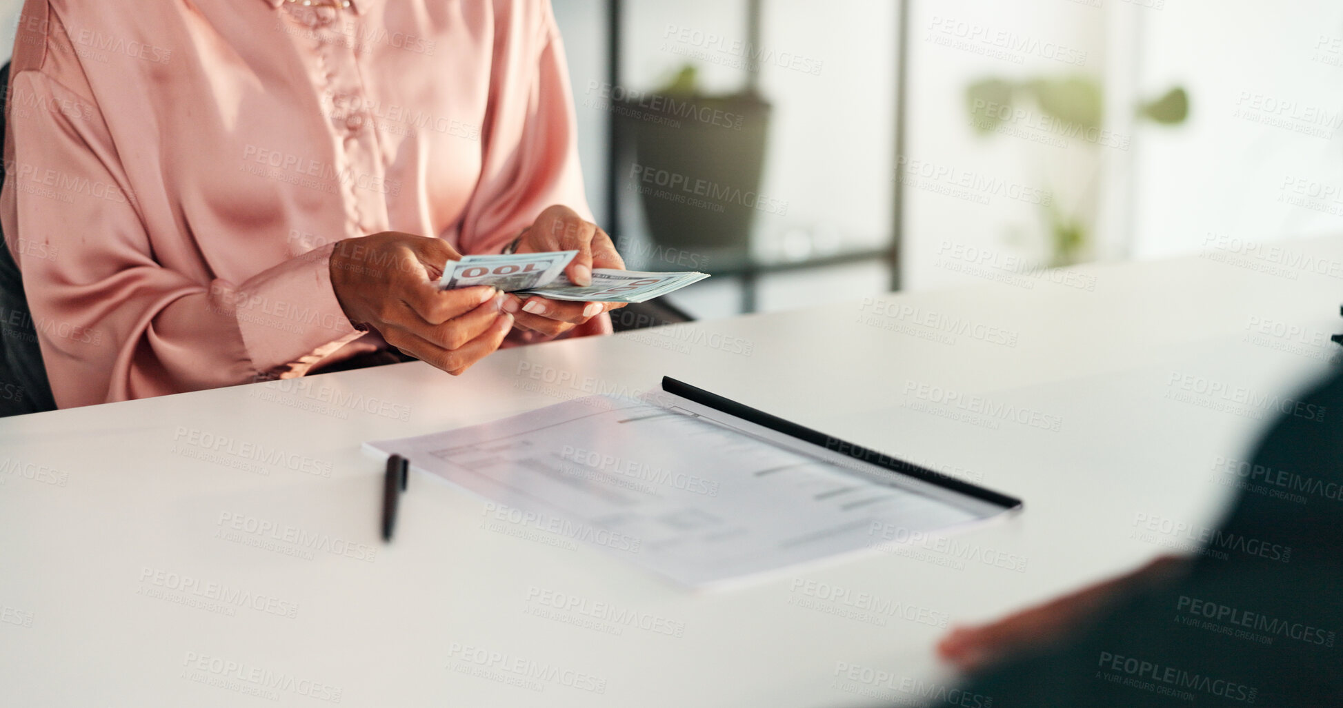 Buy stock photo Business, hands and money in meeting for bribe with cash payment, illegal deal exchange and company fraud. Crime, financial scam and people with finance statement for secret profit and corruption