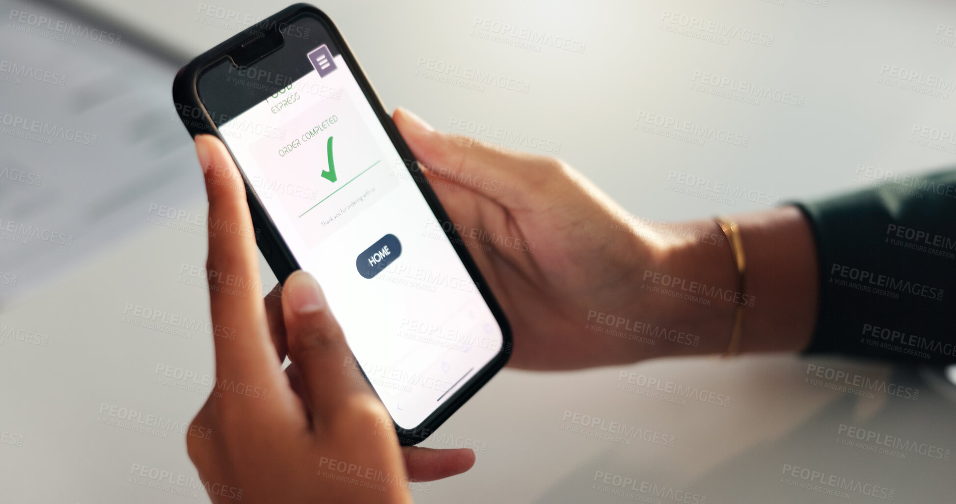 Buy stock photo Phone, screen or hands with online order confirmation for promo shopping, user experience or transaction approval. Ecommerce, person or smartphone for successful purchase, banking payment or checkout