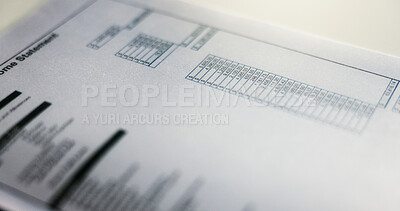 Buy stock photo Financial report, document and closeup of income statement for business revenue, company expenses or profit account. Corporate finance, paperwork and annual taxes for salary information and budget