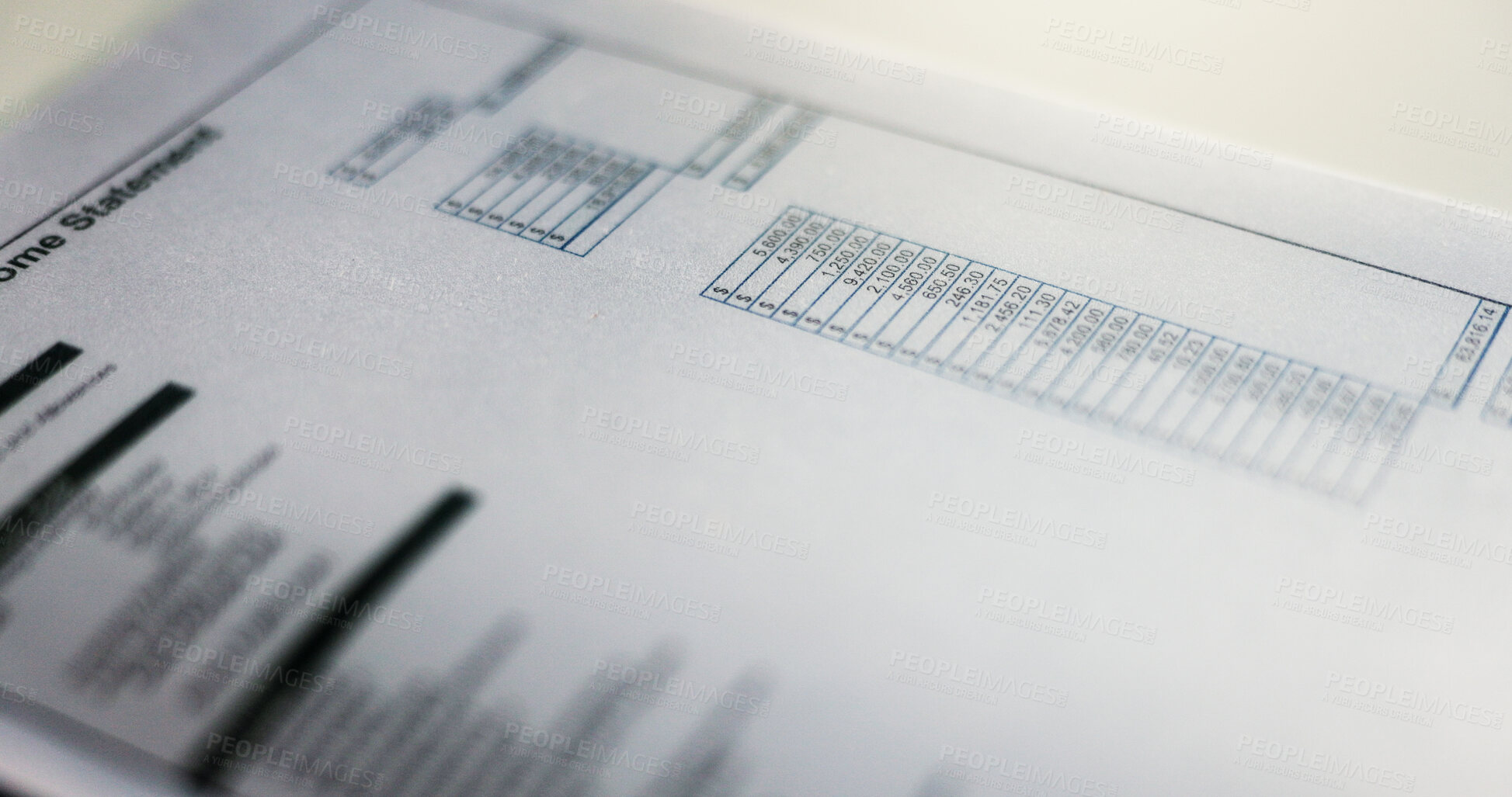 Buy stock photo Financial report, document and closeup of income statement for business revenue, company expenses or profit account. Corporate finance, paperwork and annual taxes for salary information and budget