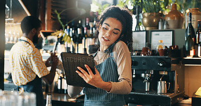 Buy stock photo Phone call, tablet and planning with woman in restaurant for product inventory, supplier contact or budget discussion. Menu discount, bar service and small business owner with employee in coffee shop