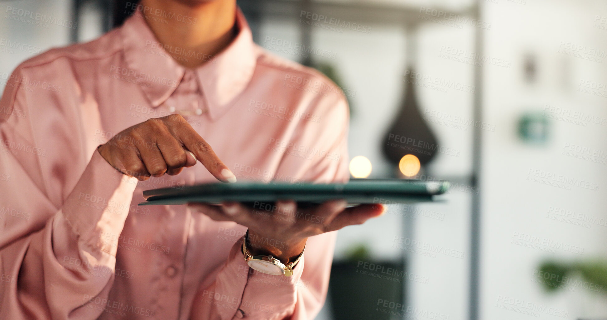 Buy stock photo Office, business and finger of person with tablet for b2b networking, contact and interactive design. Professional, corporate and hand of woman on digital tech for website, internet and research