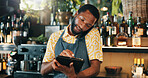 Phone call, tablet and manager with black man in restaurant for product inventory, supplier contact or budget discussion. Menu discount, bar and small business owner with employee in coffee shop