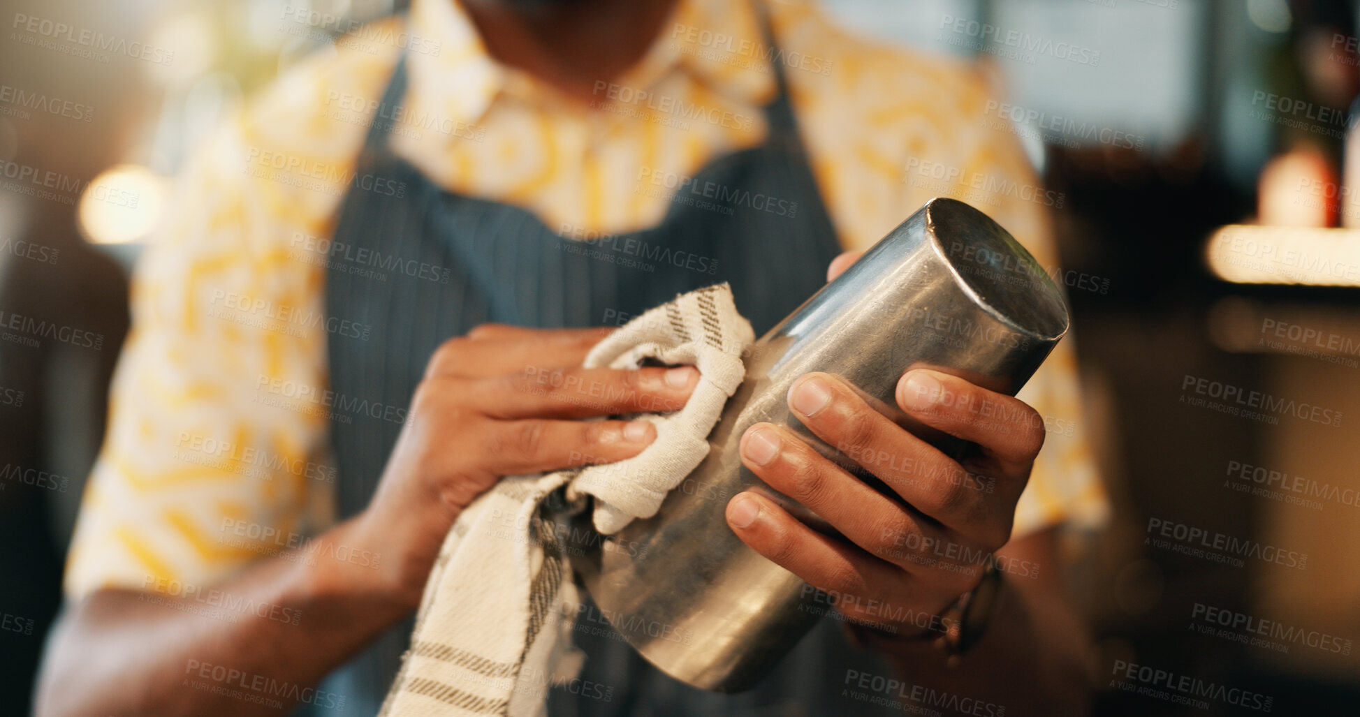 Buy stock photo Bartender, hands and man with mug, wiping and cleaning with routine, cloth and process. Person, closeup or employee with disinfectant, remove bacteria or dust with dirt, service or hygiene with cup