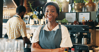 Buy stock photo Confidence, woman and portrait with alcohol for small business, hospitality and arms crossed. Restaurant, female person and bartender with happiness for customer service, drinks and pride for cafe