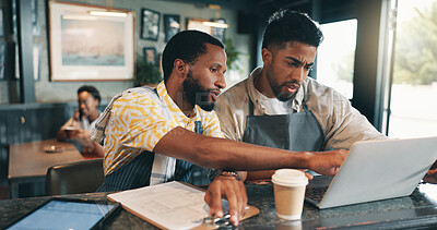 Buy stock photo Laptop, checklist and planning with people in cafe for product inventory, supplier contact or budget discussion. Menu discount, restaurant and small business owner with employee in coffee shop