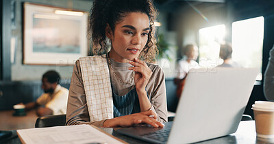 Buy stock photo Business owner, thinking and woman in restaurant, laptop and problem solving for inventory. Person, employee or barista in coffee shop, tech or online reading for review, decision or report for sales