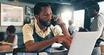 Phone call, laptop and planning with man in cafe for product inventory, supplier contact or budget discussion. Menu discount, restaurant and small business owner with employee in coffee shop