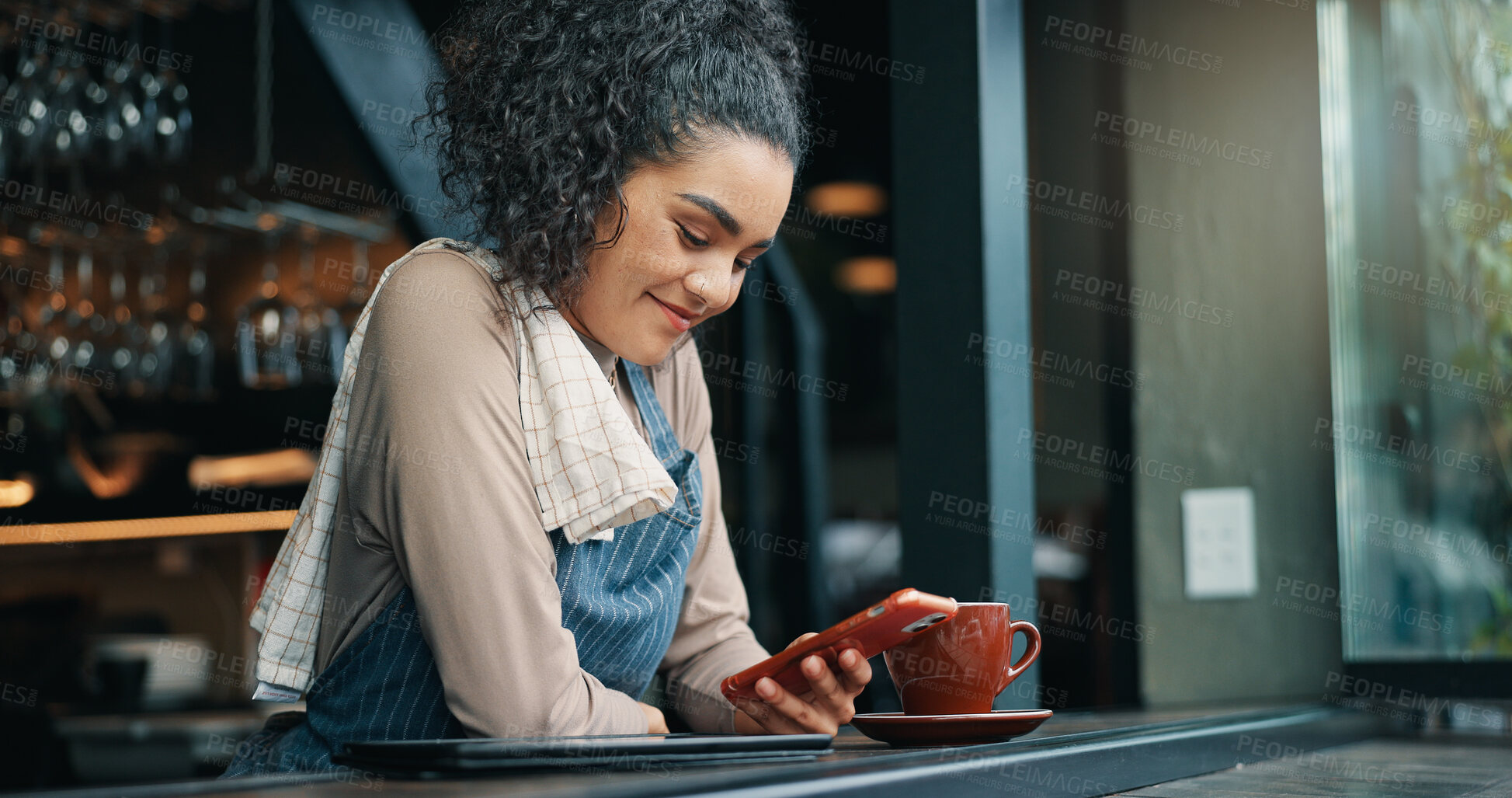 Buy stock photo Woman, waiter and phone for texting at cafe, social media break and communication in coffee shop. Internet, hospitality service and female person online in restaurant, reading message and chat app