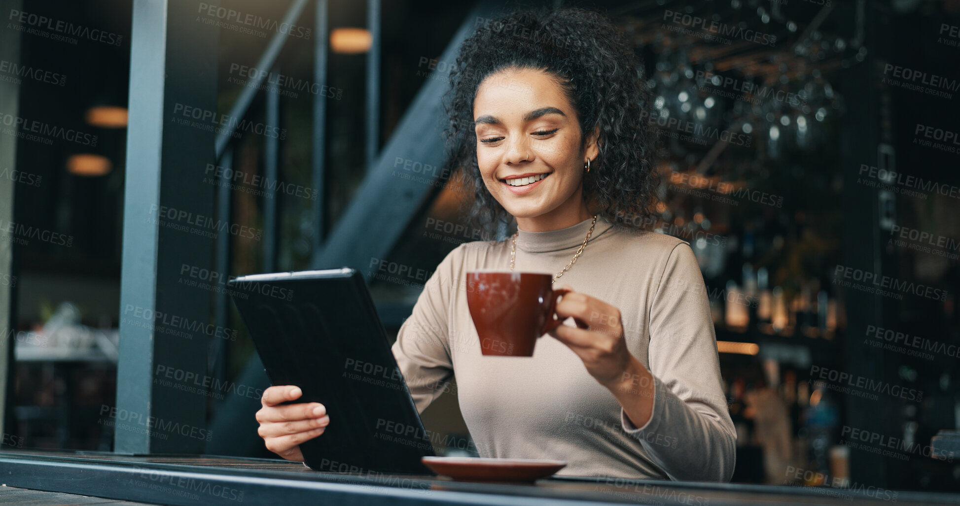 Buy stock photo Business, tablet or woman in restaurant, coffee or remote work with email notification. Person, copywriting or freelancer with tech, smile or internet for article, content creation or review for cafe