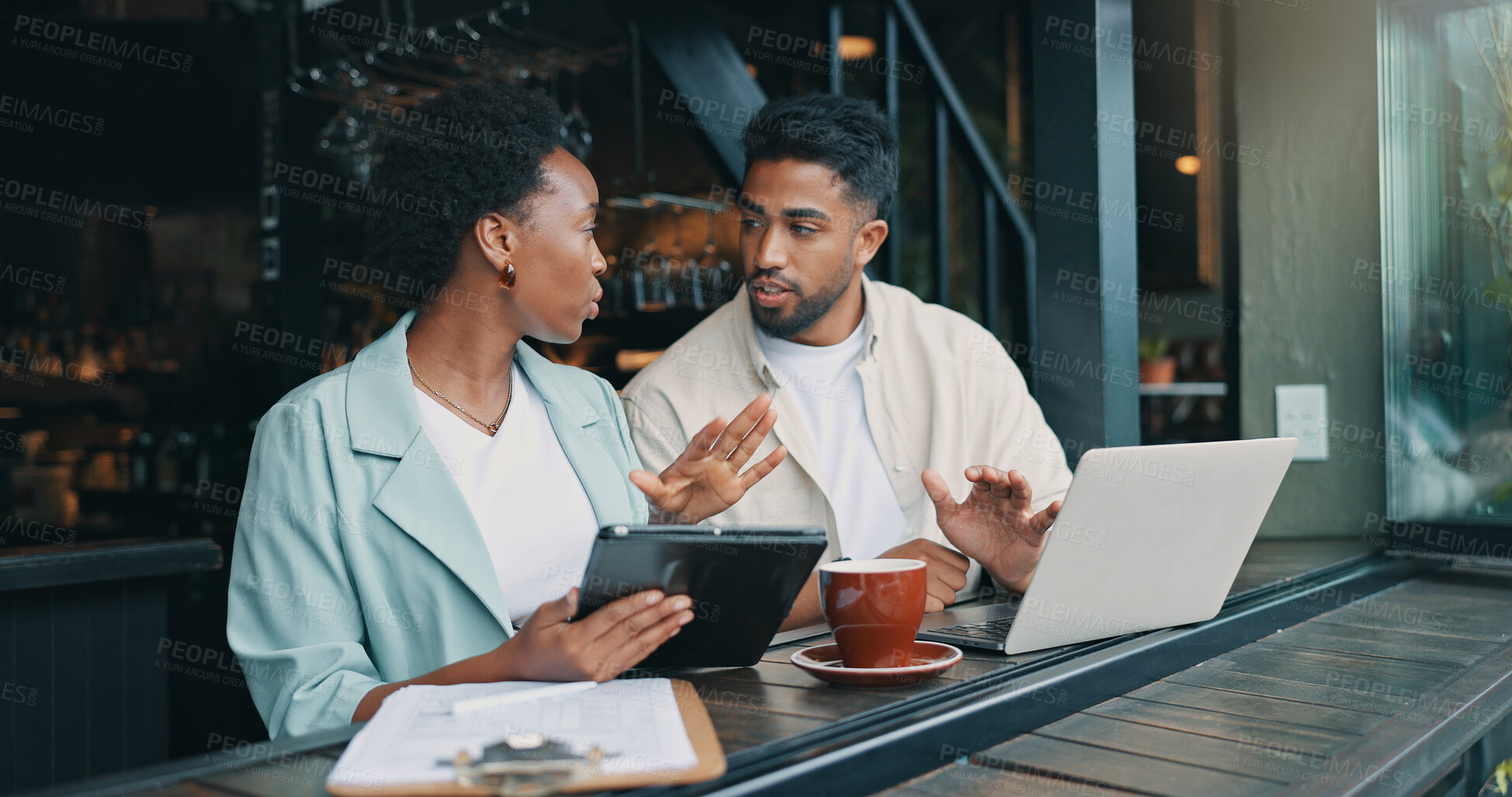 Buy stock photo Teamwork, laptop and business people in restaurant, tablet and planning for startup. Coworking, cooperation and web designers with tech, pc and research for funding, feedback and review for profit