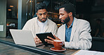 Coffee shop, laptop and business people with tablet men and planning for startup. Coworking, graphic designers or teamwork in cafe, tech or research for illustration or online reading for digital app